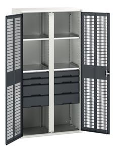 verso ventilated door kitted cupboard with 4 shelves, 8 drawers & partition. WxDxH: 1050x550x2000mm. RAL 7035/5010 or selected Bott Verso Ventilated door Tool Cupboards Cupboard with shelves